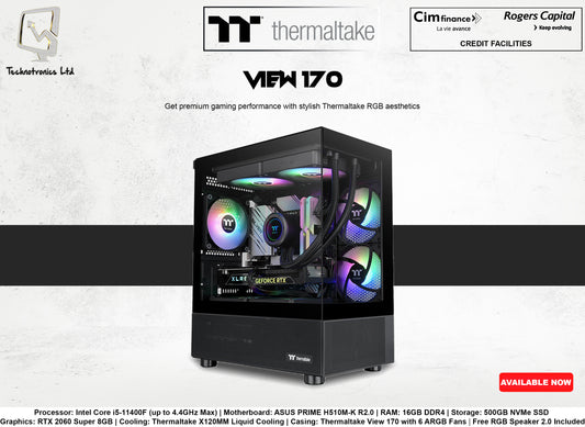 Thermaltake View 170 Gaming Tower | Processor: Intel Core i5-11400F | RAM: 16GB DDR4 | Storage: 500GB NVMe SSD | Graphics: RTX 2060 Super 8GB