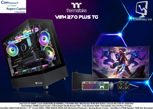 Thermaltake View 270 Plus TG Set | Processor: Intel Core i9 12900F | RAM: Lexar 32GB DDR5 @ 6400MHz | Storage: 1TB NVMe SSD | Graphics Card: Asrock RX 7700 XT 12GB