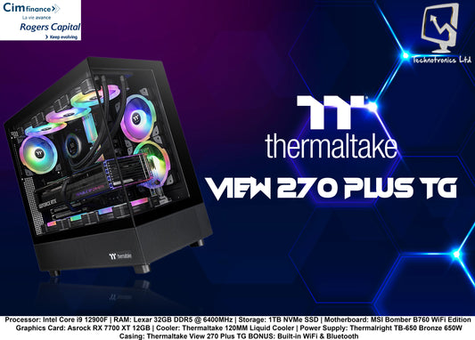 Thermaltake View 270 Plus TG Tower | Processor: Intel Core i9 12900F | RAM: Lexar 32GB DDR5 @ 6400MHz | Storage: 1TB NVMe SSD | Graphics Card: Asrock RX 7700 XT 12GB