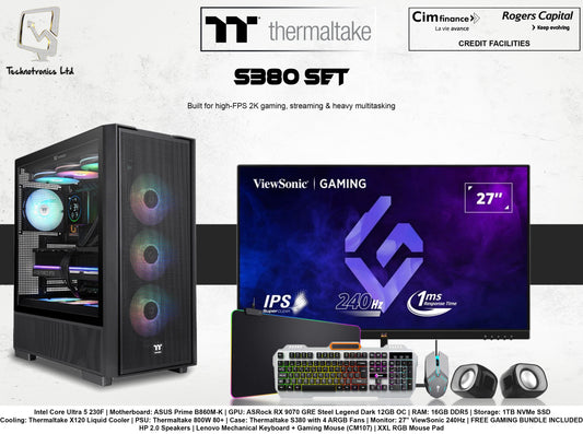 Thermaltake S380 Set | CPU: Intel Core Ultra 5 230F | RAM: 16GB DDR5 | Storage: 1TB NVMe SSD | GPU: ASRock RX 9070 GRE Steel Legend Dark 12GB OC