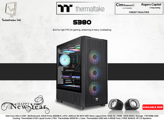 Thermaltake S380 Tower | CPU: Intel Core Ultra 5 230F | RAM: 16GB DDR5 | Storage: 1TB NVMe SSD | GPU: ASRock RX 9070 GRE Steel Legend Dark 12GB OC