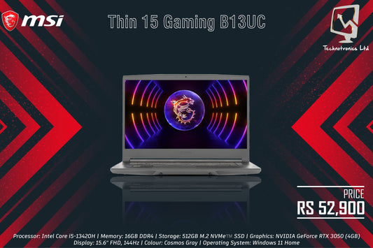 MSI Thin 15 Gaming B13UC-1000US | Processor: Intel Core i5-13420H | Memory: 16GB DDR4 | Storage: 512GB M.2 NVMe™️ SSD | Graphics: NVIDIA GeForce RTX 3050 (4GB)