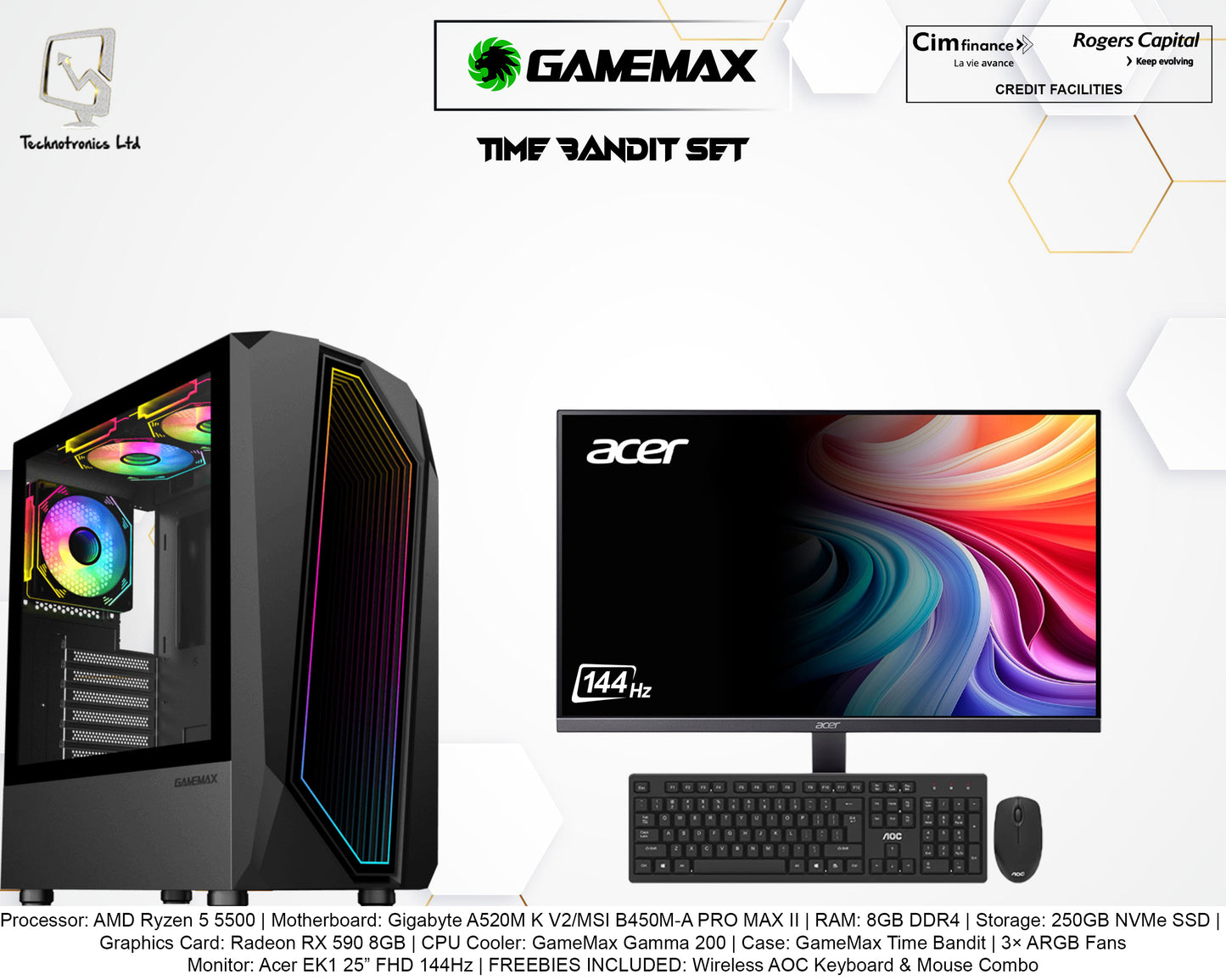 GAMEMAX Time Bandit GAMING Set | Processor: AMD Ryzen 5 5500 | Storage: 250GB NVMe SSD | RAM: 8 GB DDR4 | Graphics Card: Radeon Rx 590 8GB