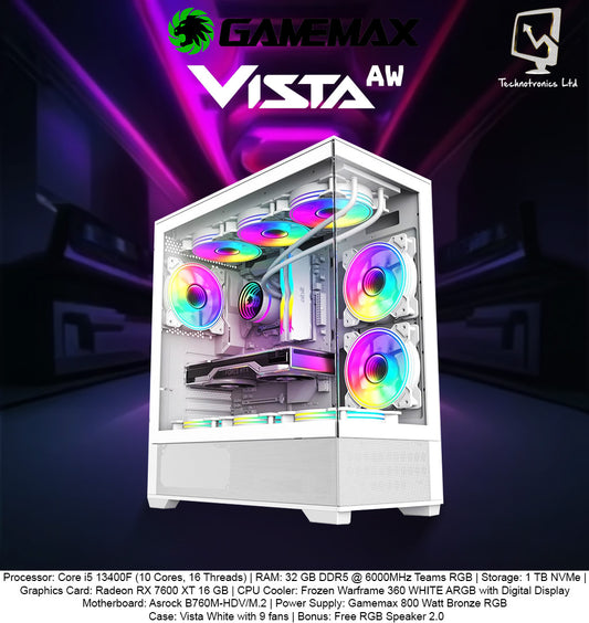 Vista White Tower | Processor: Core i5 13400F | RAM: 32 GB DDR5 | Storage: 1 TB NVMe | Graphics Card: Radeon RX 7600 XT 16 GB