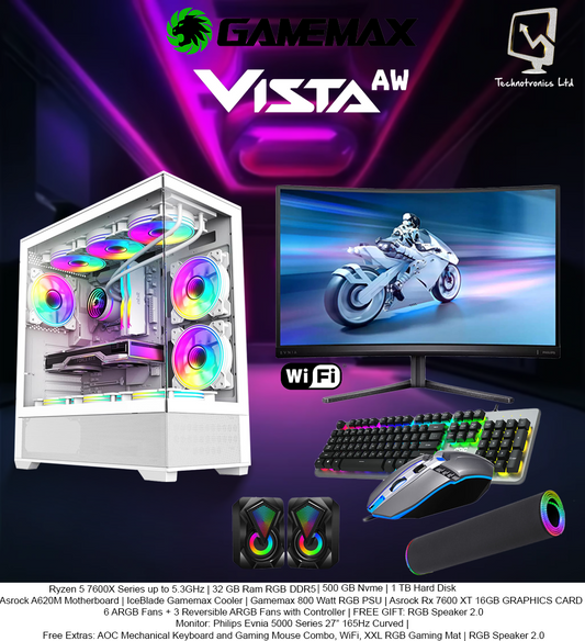 GAMEMAX Vista White Set, Ryzen 5 7600X Series, 32 GB RGB PNY DDR5 @6400 MHz RAM,500 GB NVMe, 1TB HDD, Asrock Rx 7600 xT 16GB