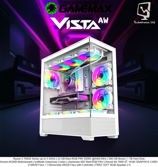 GAMEMAX Vista White Tower, Ryzen 5 7600X Series, 32 GB RGB PNY DDR5 @6400 MHz RAM,500 GB NVMe, 1TB HDD, Asrock Rx 7600 xT 16GB