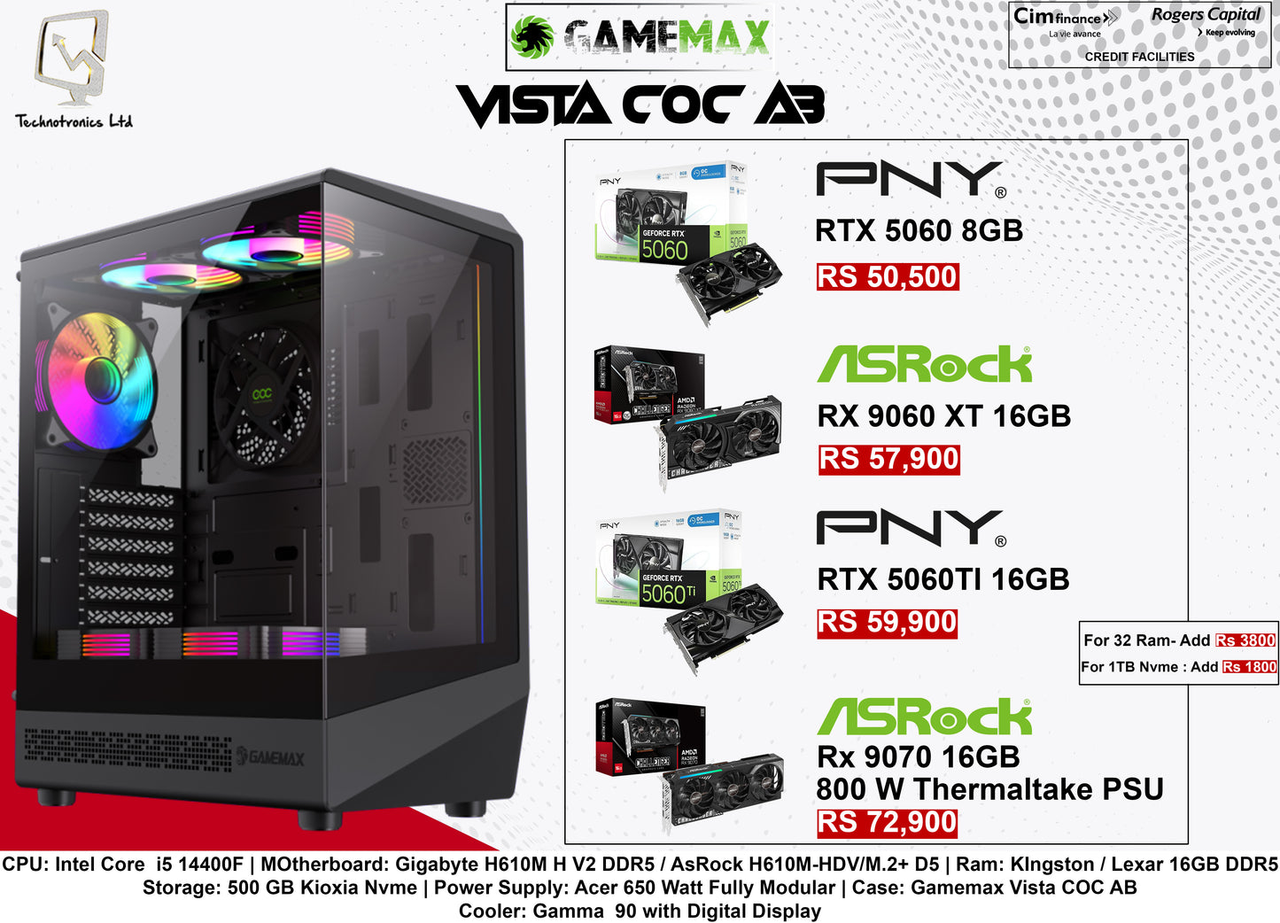 Gamemax Vista COC AB Tower | Intel Core  i5 14400F | Ram: KIngston / Lexar 16GB DDR5 | Storage: 500 GB Kioxia Nvme