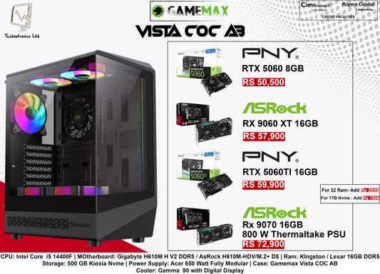 Gamemax Vista COC AB Tower | Intel Core  i5 14400F | Ram: KIngston / Lexar 16GB DDR5 | Storage: 500 GB Kioxia Nvme