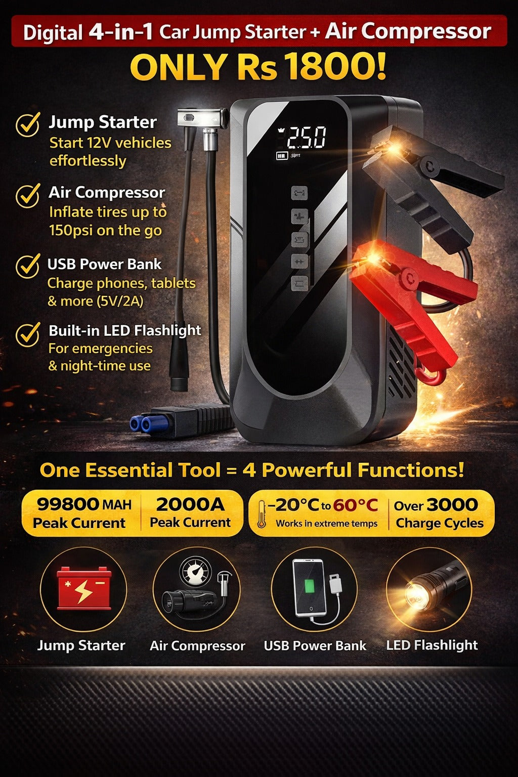 Car Jumper Starter + Air Compressor -Digital 4-in-1 - Vehicle