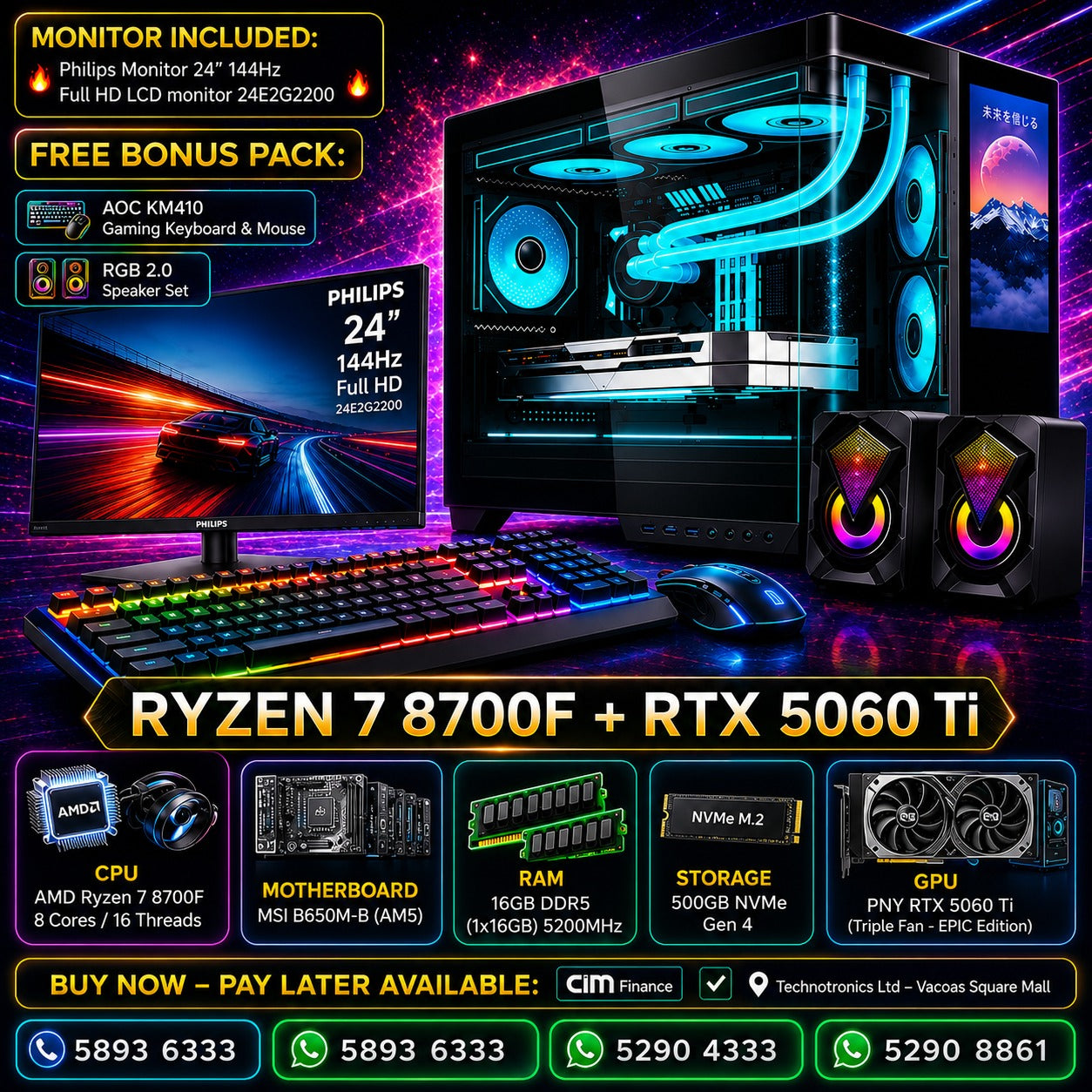 Complete Set ACER GAMING TOWER (BLACK / WHITE) | RYZEN 7 8700F | RAM: 16GB DDR5 | 500GB NVMe Gen 4 | RTX 5060 Ti