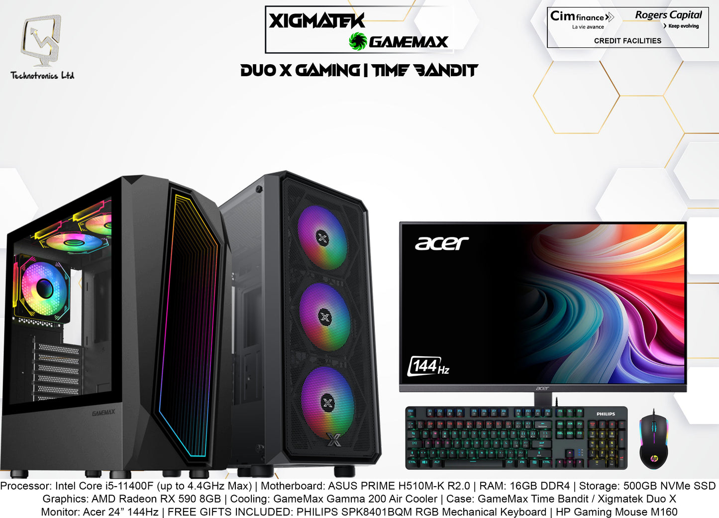 GameMax Time Bandit / Xigmatek Duo X Set | Processor: Intel Core i5-11400F | RAM: 16GB DDR4 | Storage: 500GB NVMe SSD | Graphics: AMD Radeon RX 590 8GB