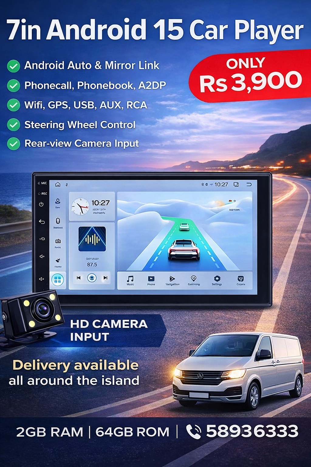 CAR SCREEN ANDROID 15.0, 7INCH 701F- Car Player With GPS & DSP (2 Din)