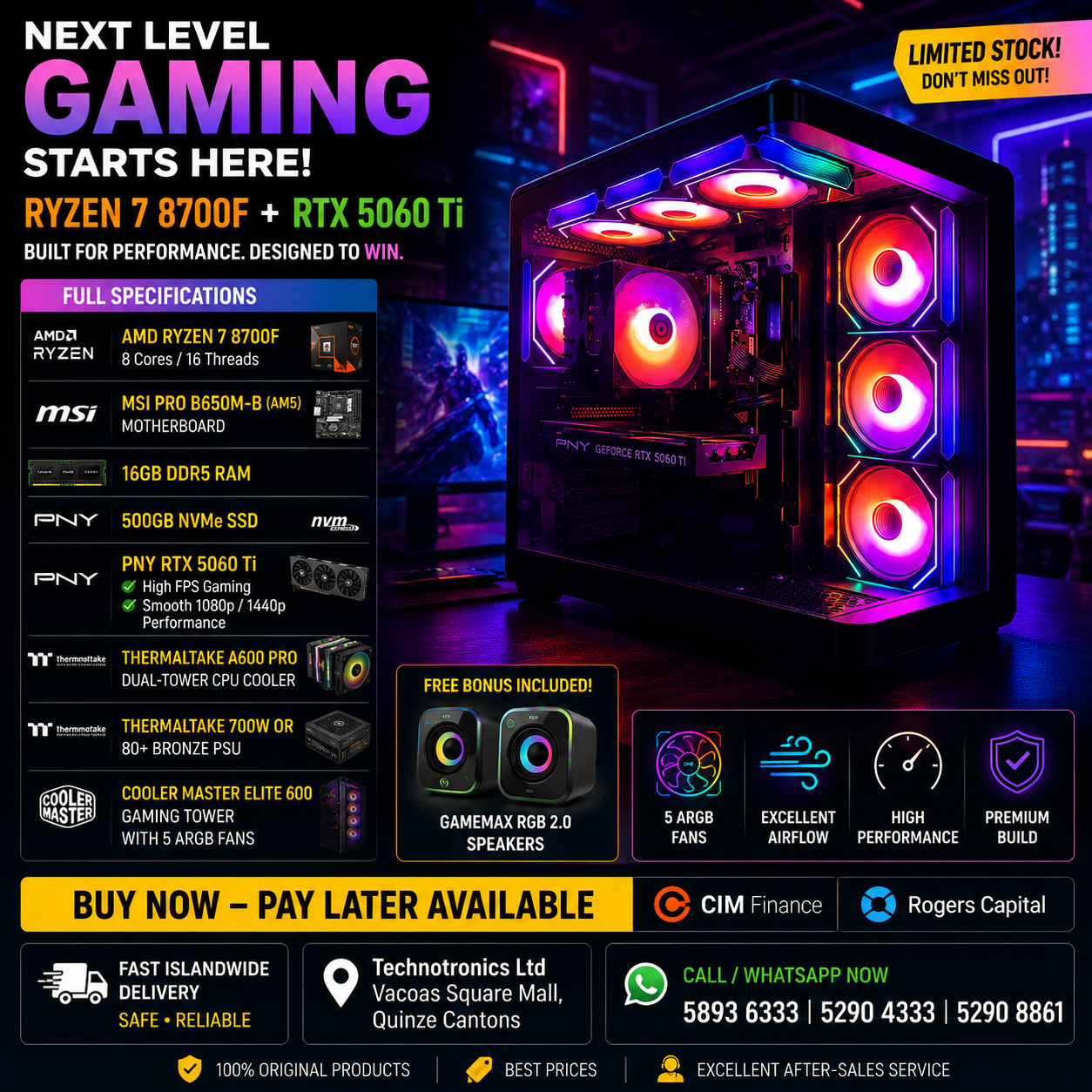 Cooler Master Elite 600 Gaming Tower | Processor: AMD Ryzen 7 8700F | RAM: 16GB DDR5 | Storage: 500GB NVMe SSD | Graphics Card: PNY RTX 5060 Ti