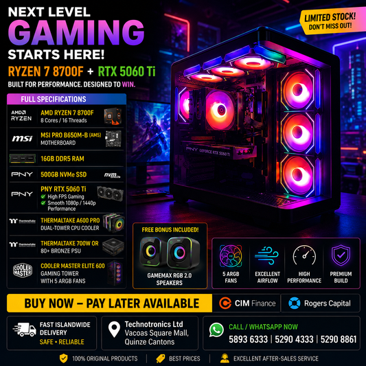 Cooler Master Elite 600 Gaming Tower | Processor: AMD Ryzen 7 8700F | RAM: 16GB DDR5 | Storage: 500GB NVMe SSD | Graphics Card: PNY RTX 5060 Ti