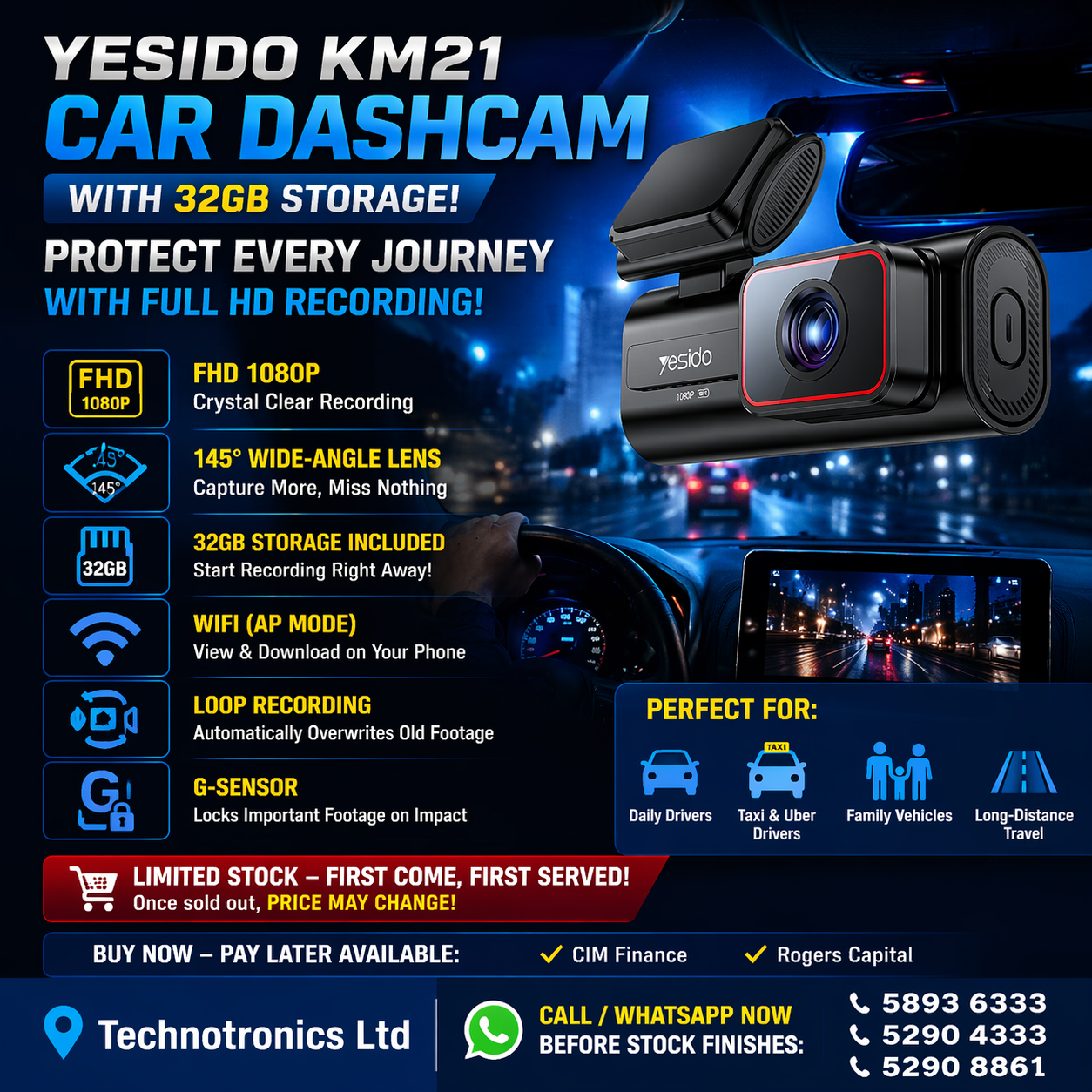 Car DashCam with FHD quality, 145 degree photography Yesido KM21 with 32 GB Storage
