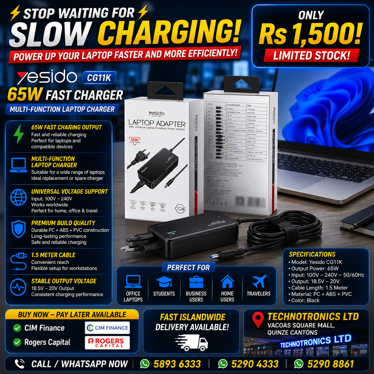 CG11K 1.5M Length 65W Smart Charging 15 IN 1 Multi-function Laptop Charger UK European Power Adapter