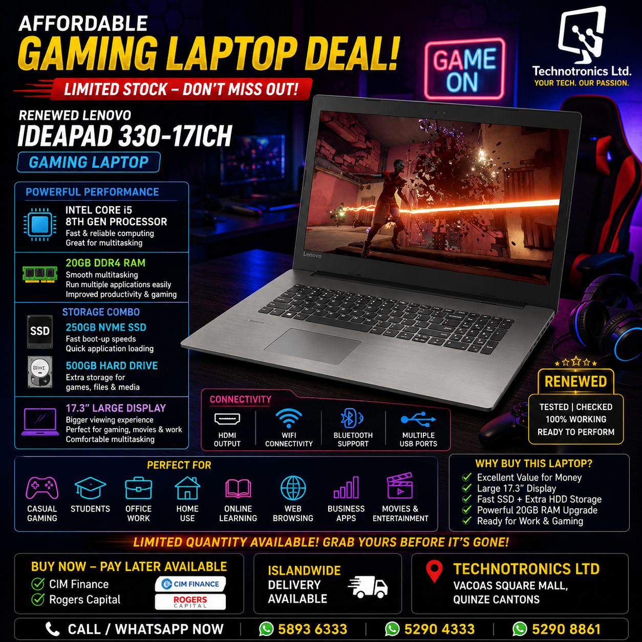RENEWED LENOVO IDEAPAD 330-17ICH GAMING LAPTOP