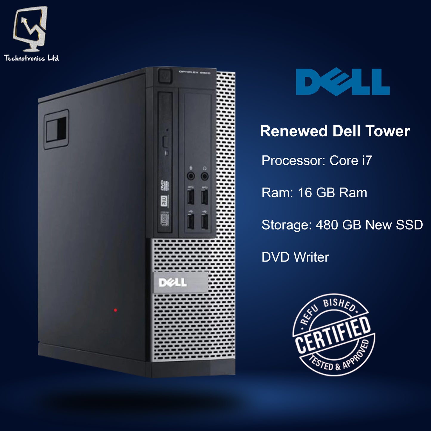 Renewed Dell SFF Core i7 Tower, 16 GB Ram, 480 GB SSD