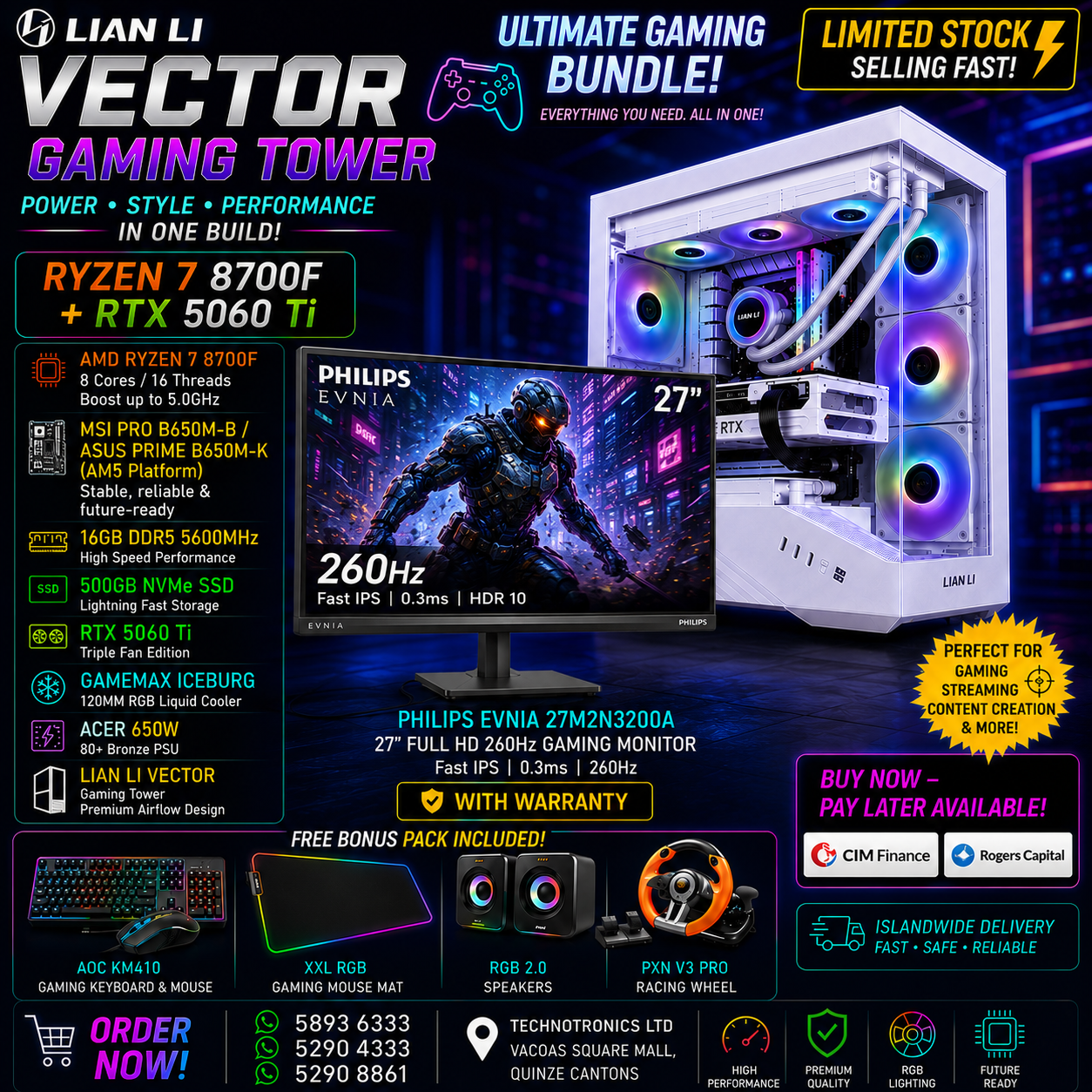 LIAN LI VECTOR GAMING SET – HIGH-END GAMING SETUP | AMD Ryzen 7 8700F |  RAM 16GB DDR5 | 500GB NVMe SSD | RTX 5060 Ti | FREE Racing Wheel!