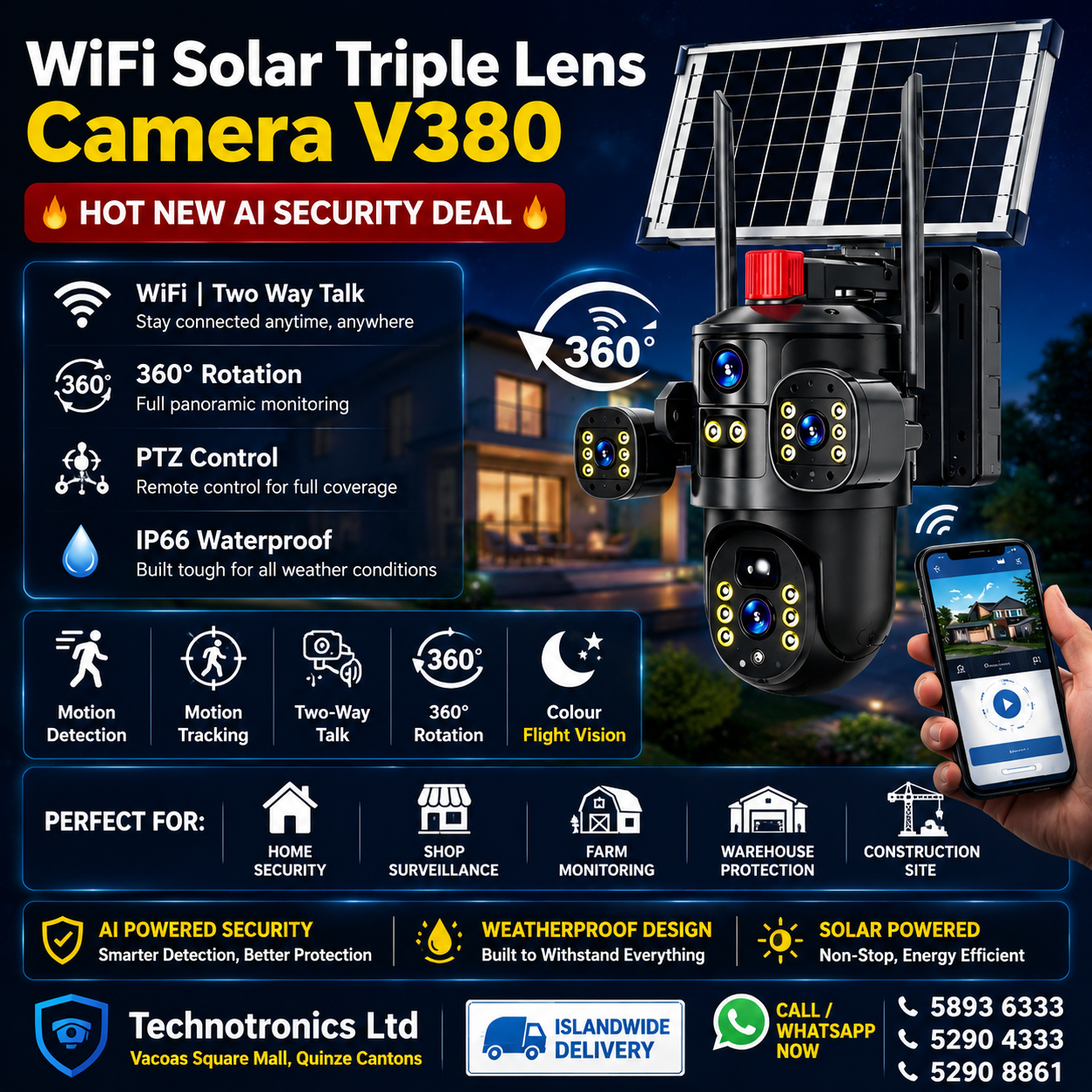 V380 Triple View Solar WiFi Camera