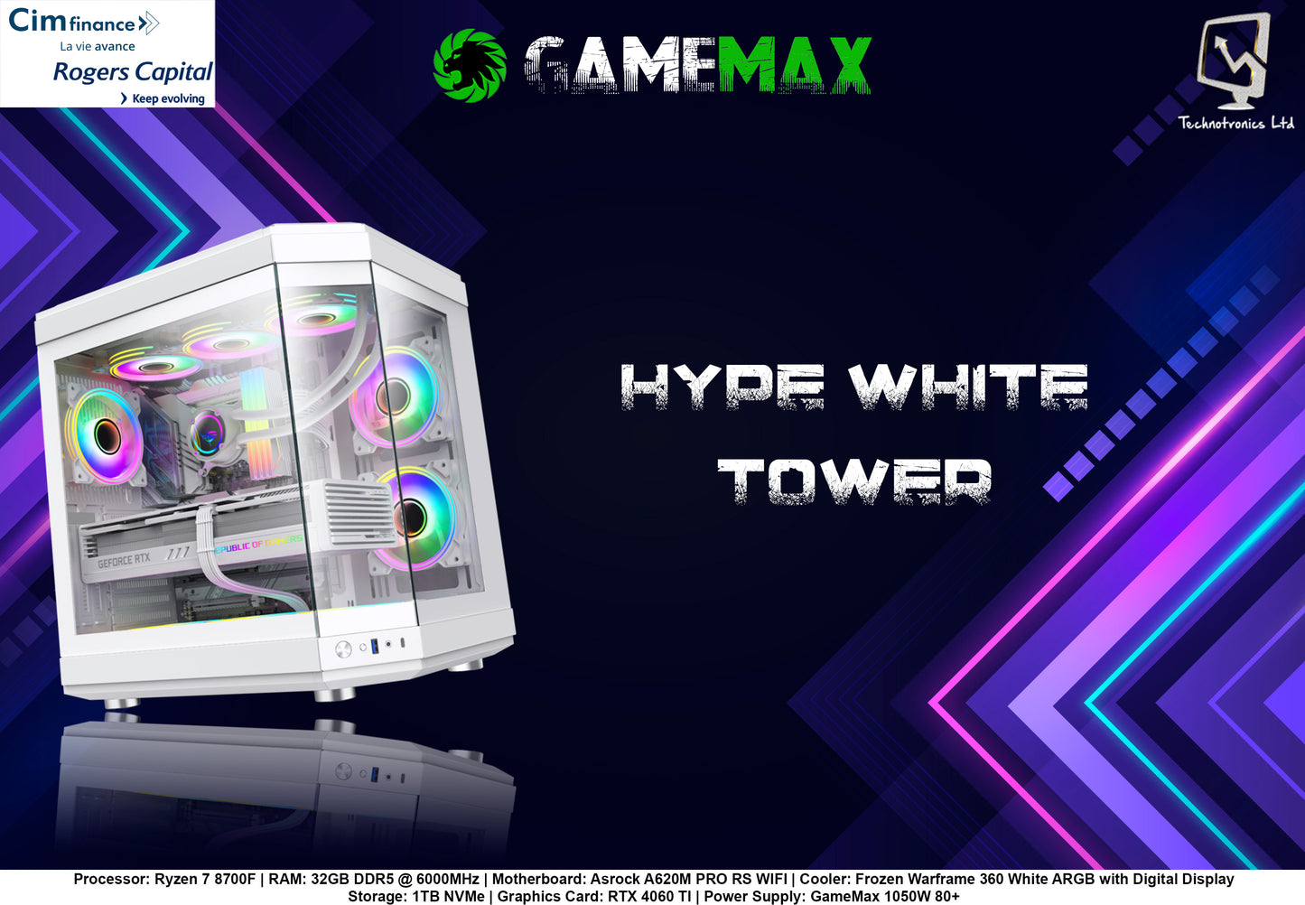 Hype White Gaming Tower | Processor: Ryzen 7 8700F | RAM: 32GB DDR5 @ 6000MHz | Storage: 1TB NVMe | Graphics Card: RTX 4060 TI