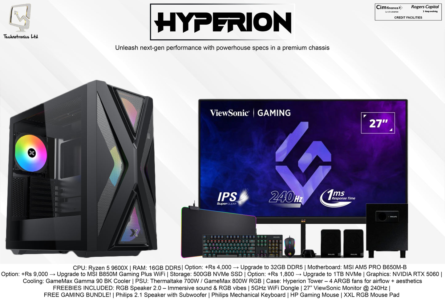 HYPERION GAMING SET | CPU: Ryzen 5 9600X | RAM: 16GB DDR5 | Storage: 500GB NVMe SSD | Graphics: NVIDIA RTX 5060