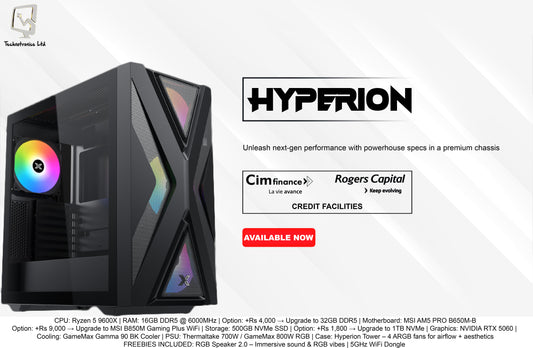HYPERION GAMING TOWER | CPU: Ryzen 5 9600X |  RAM: 16GB DDR5 | Storage: 500GB NVMe SSD | Graphics: NVIDIA RTX 5060