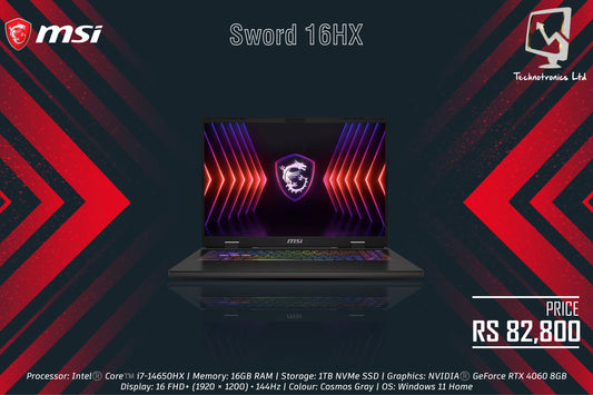 MSI Sword 16HX Gaming Laptop |  Processor: Intel®️ Core™️ i7-14650HX | Memory: 16GB RAM | Storage: 1TB NVMe SSD | Graphics: NVIDIA®️ GeForce RTX 4060 8GB |