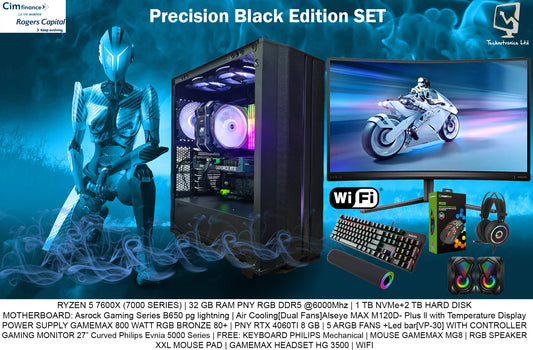 Gaming Case Gamemax Precision Black Edition Complete Set, RYZEN 5 7600X(7000 SERIES), 64 GB RAM PNY RGB DDR5@6000Mhz, RTX 4060ti 8 GB, 2 TB NVME+2 TB HARD DISK