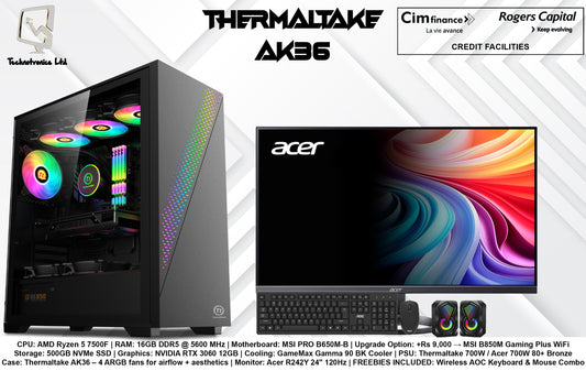 THERMALTAKE AK36 GAMING SET | CPU: AMD Ryzen 5 7500F | RAM: 16GB DDR5 |  Storage: 500GB NVMe SSD | Graphics: NVIDIA RTX 3060 12GB