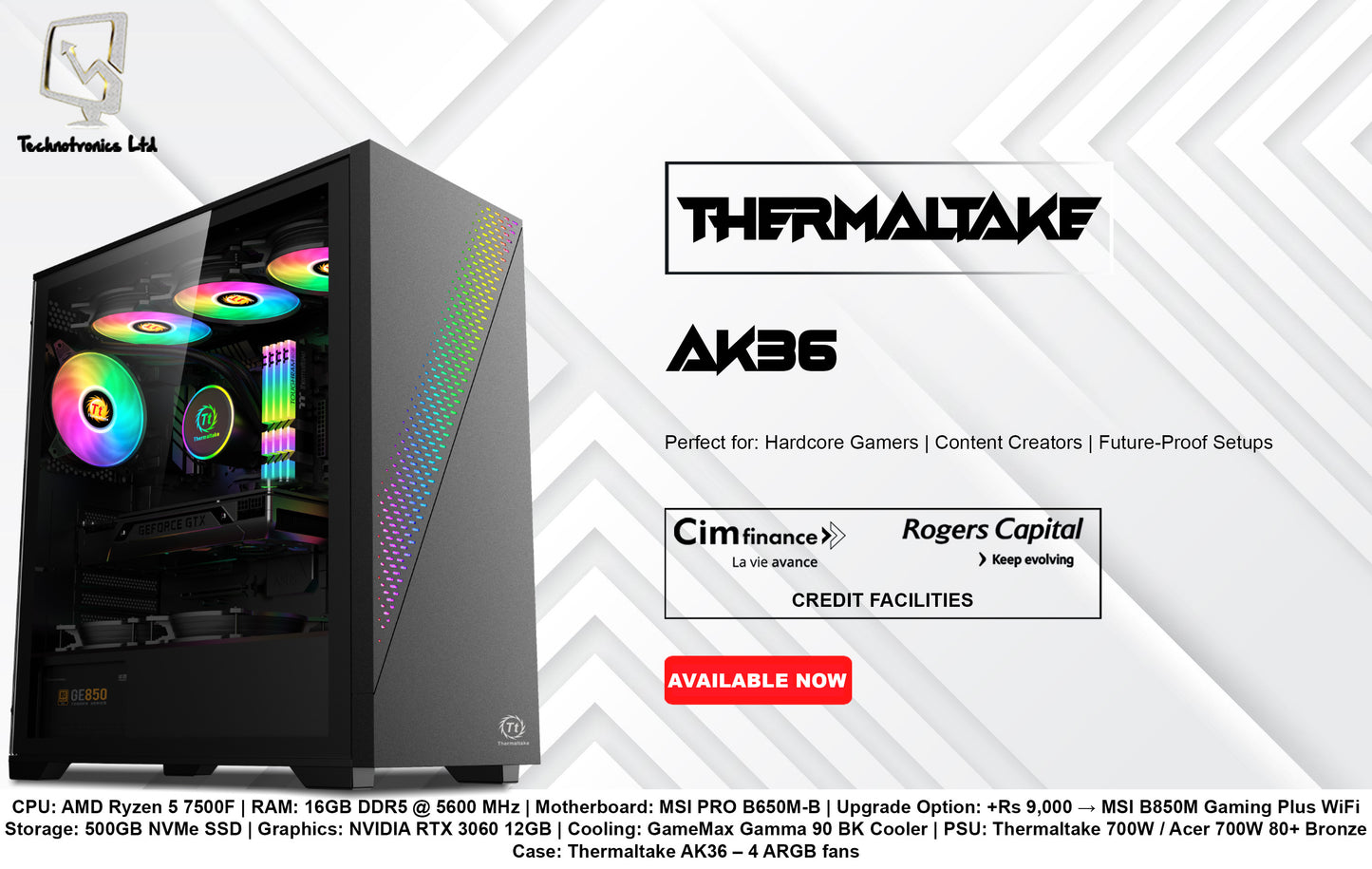 THERMALTAKE AK36 GAMING TOWER | CPU: AMD Ryzen 5 7500F | RAM: 16GB DDR5 | Storage: 500GB NVMe SSD | Graphics: NVIDIA RTX 3060 12GB