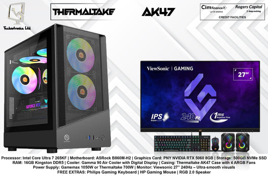 Thermaltake AK47 Set | Processor: Intel Core Ultra 7 265KF | Storage:1 TB NVMe SSD | RAM: 32GB Kingston DDR5 | Graphics Card: PNY NVIDIA RTX 5060 8GB