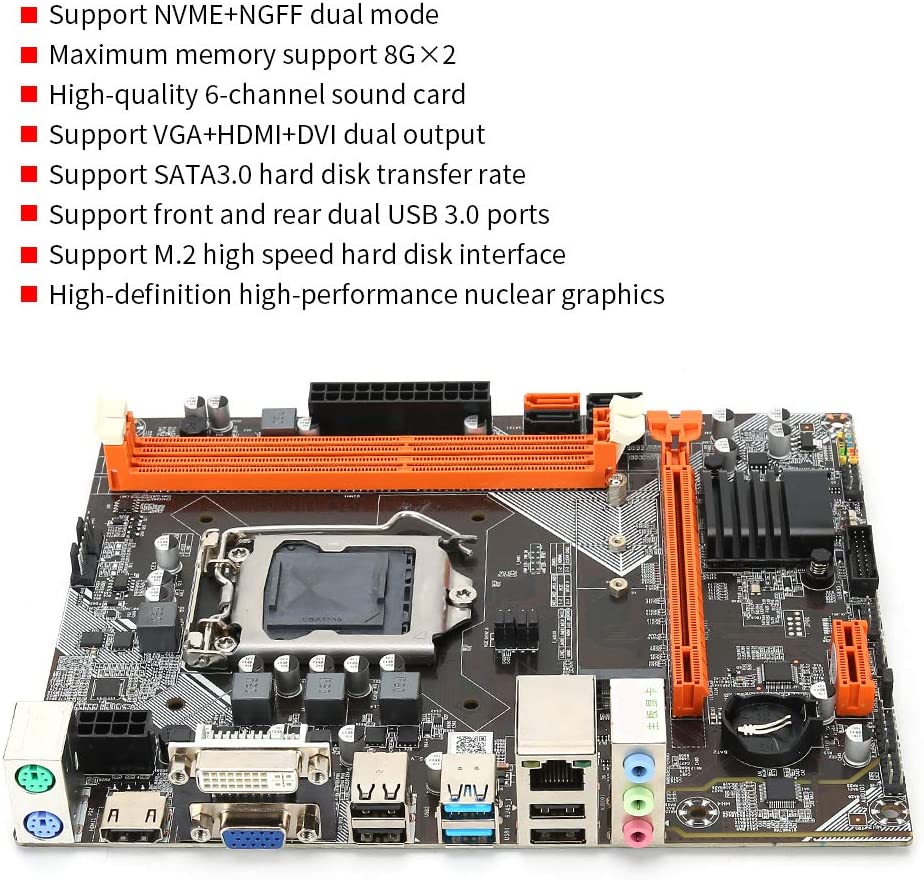 Desktop Computer M-ATX Motherboard, DDR3 LGA1155 CPU for Intel B75 Mainboard, RTL8111H Gigabit Network Card, M.2 NVME+NGFF Dual-Mode, SATA3.0, USB 3.0