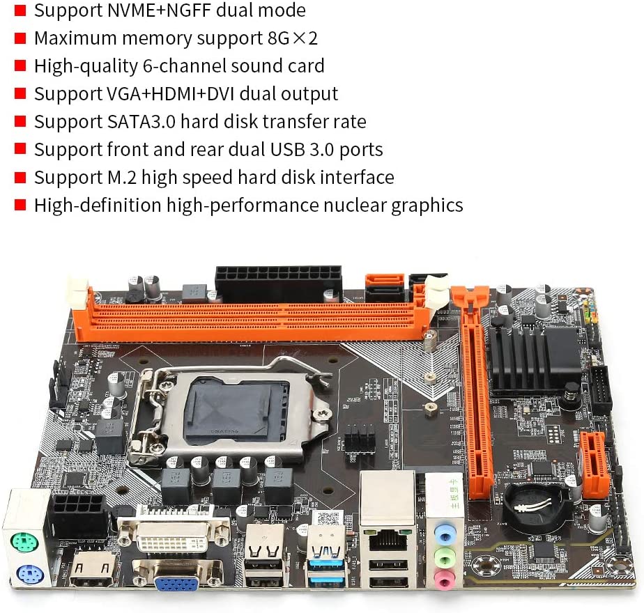 Desktop Computer M-ATX Motherboard, DDR3 LGA1155 CPU for Intel H61 Mainboard, Network Card, M.2 NVME+NGFF Dual-Mode, SATA3.0, USB 3.0