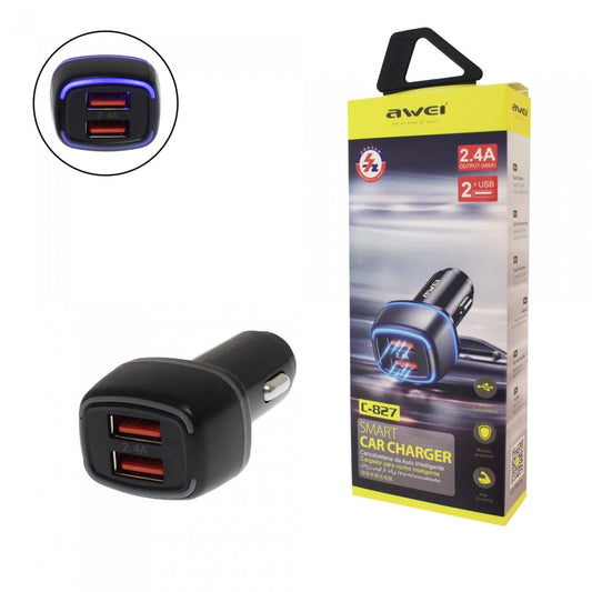 AWEI C-827 Smart Car Charger / Auto Intelligente 2.4A Fast Charging / Dual Output- Vehicle