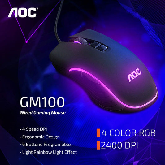 AOC GM100 Wired 6 Keys 2400DPI Optical RGB Light Ergonomic Gaming USB Mouse